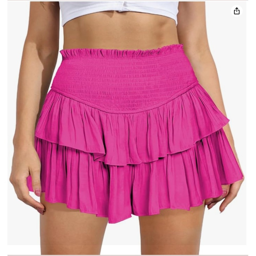 Pink Smocked Ruffle Skirt Tiered Flowy Mini Feminine Soft Girl Aesthetic XS